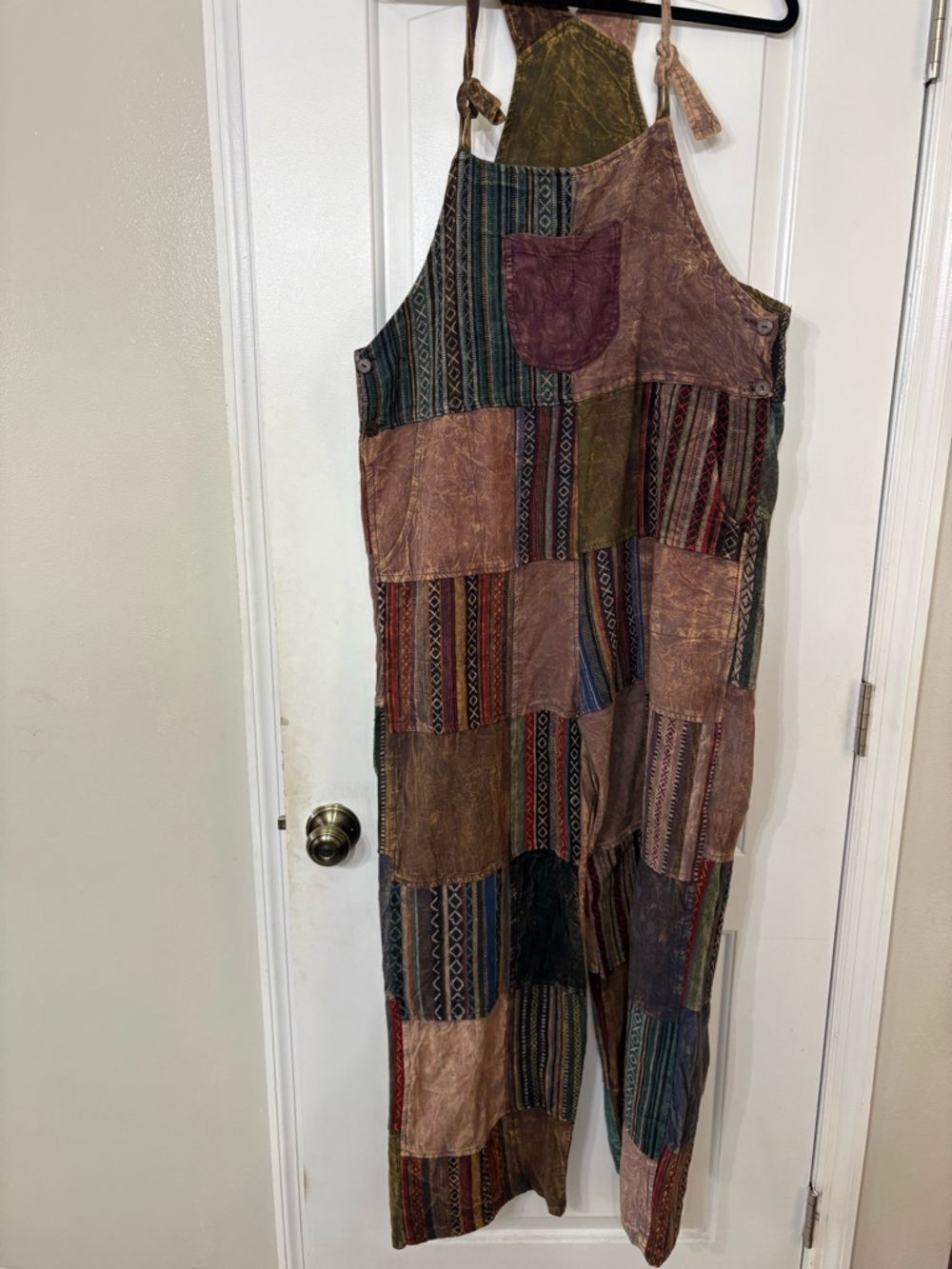 Patchwork Boho Tie-Strap Jumpsuit in Multicolor Earth Tones